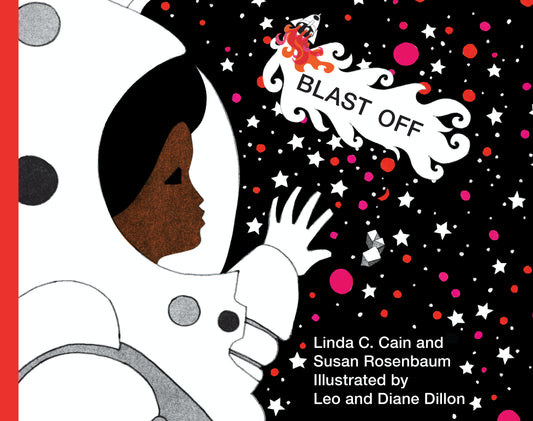 A young Black girl wears an astronaut suit and looks out to the stars as a rocket ship blasts off above. 