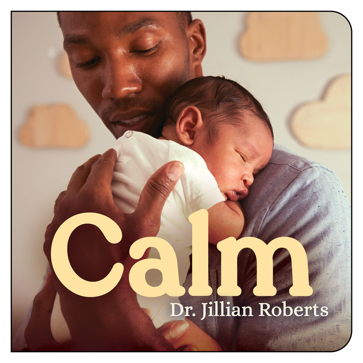 A father holds his infant baby on his chest/shoulder.  The baby sleeps, and the father looks down and smiles. 