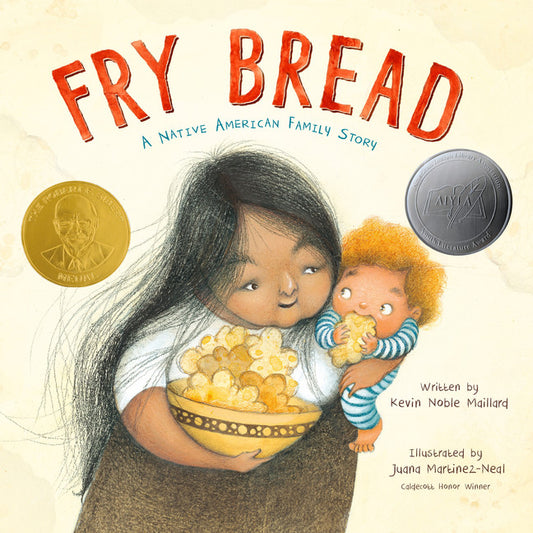 A grandmother holds a young child on her hip, and a bowl of fry bread in the other arm.  The child eats the fry bread.
