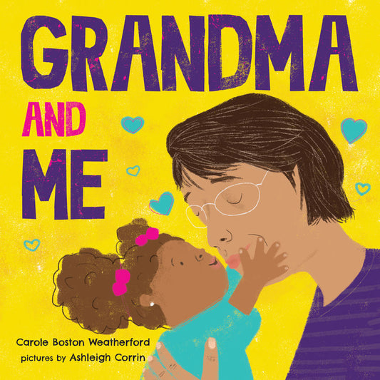 A young girls reaches up and holds her grandma's face to kiss her.  The grandmother looks down with her eyes closed to kiss her back