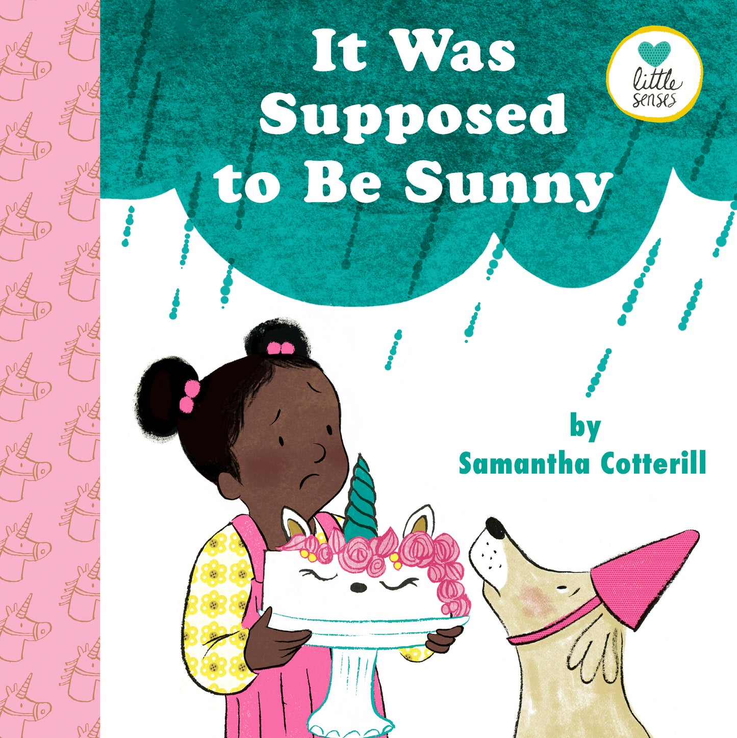 A young girl holds her birthday cake and looks upset as the clouds above her start to rain.  Her service dog is next to her, wearing a birthday hat.