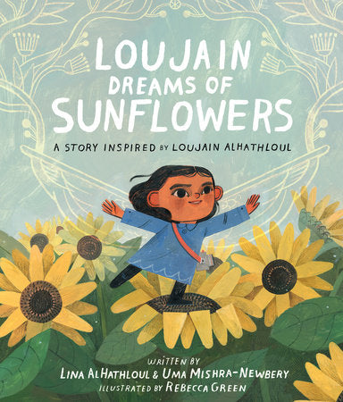 A young girl stands in a field of sunflowers.  She spreads her arms out like wings, and has a camera hanging across her chest to the side.