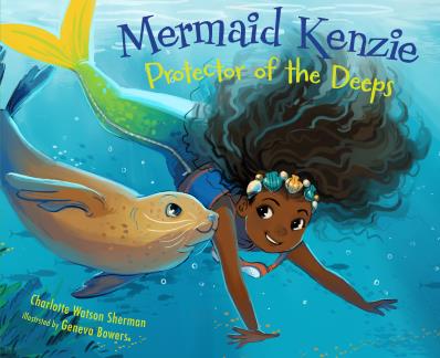 A young girl wears a mermaid tail and swims underwater next to her otter friend. 
