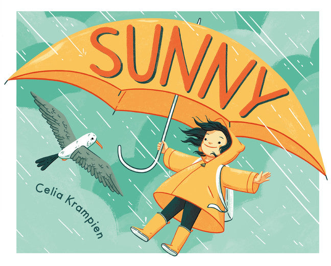 A girl stands with her arms out holding an umbrella.  It is raining and a seagull flies next to the girl