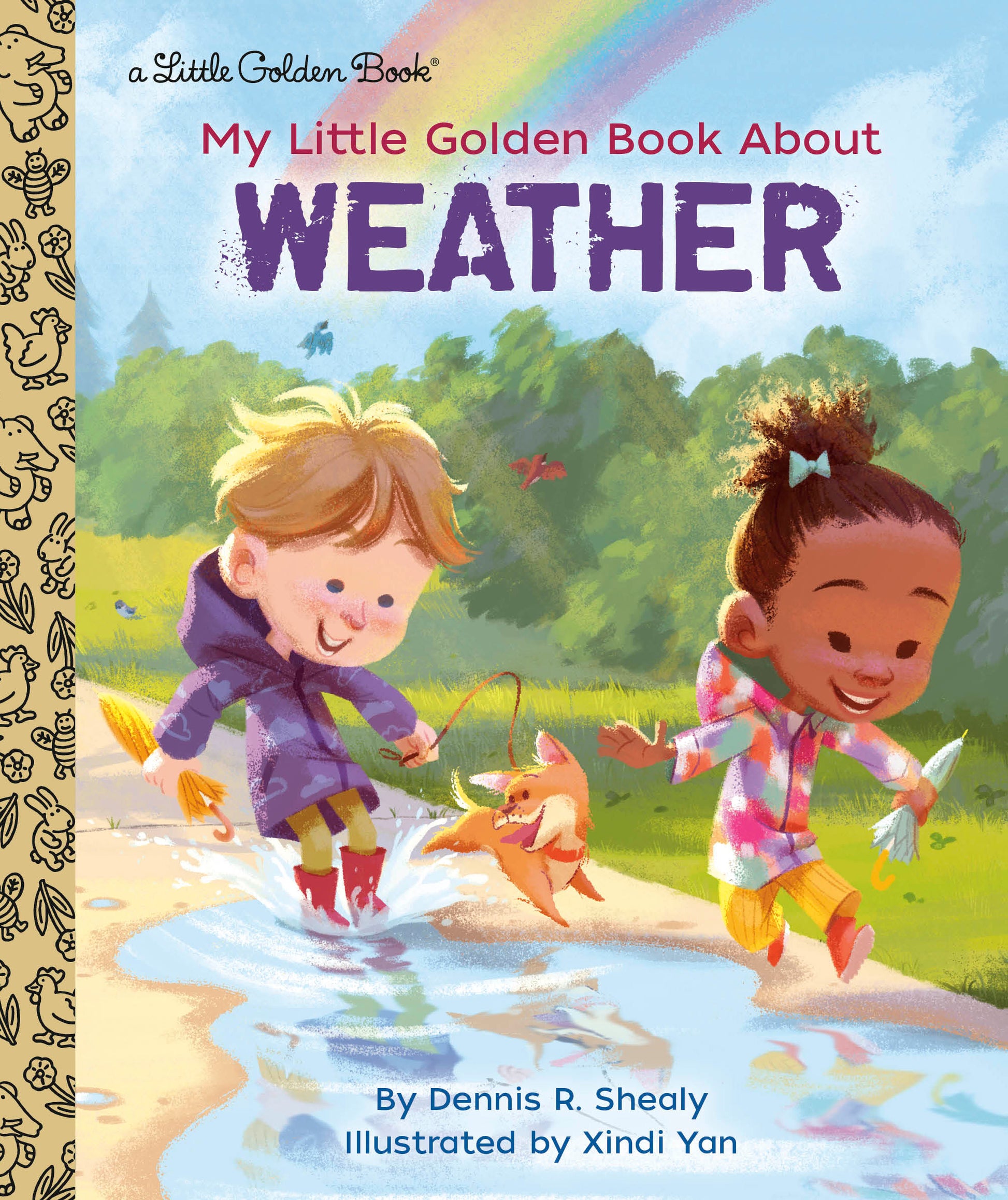 Two children and a dog smile and jump in a puddle.  There are blue skies and a rainbow above. 