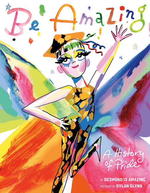 A young boy stands with one hand on his hip and the other held high in the air.  The colours are bright and vibrant on the page, and it looks as if he has rainbow wings