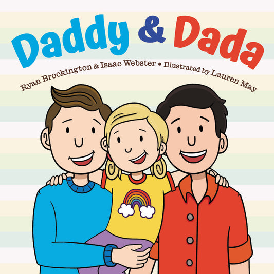 A young girl smiles between her two dads. One dad is holding her up, and she has her arms around both of them